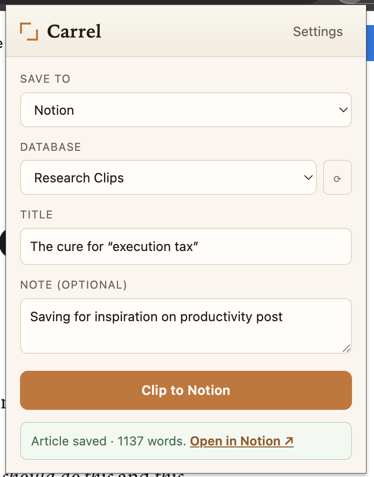 Carrel browser popup showing Save to Notion, database selector, title, and Clip to Notion button