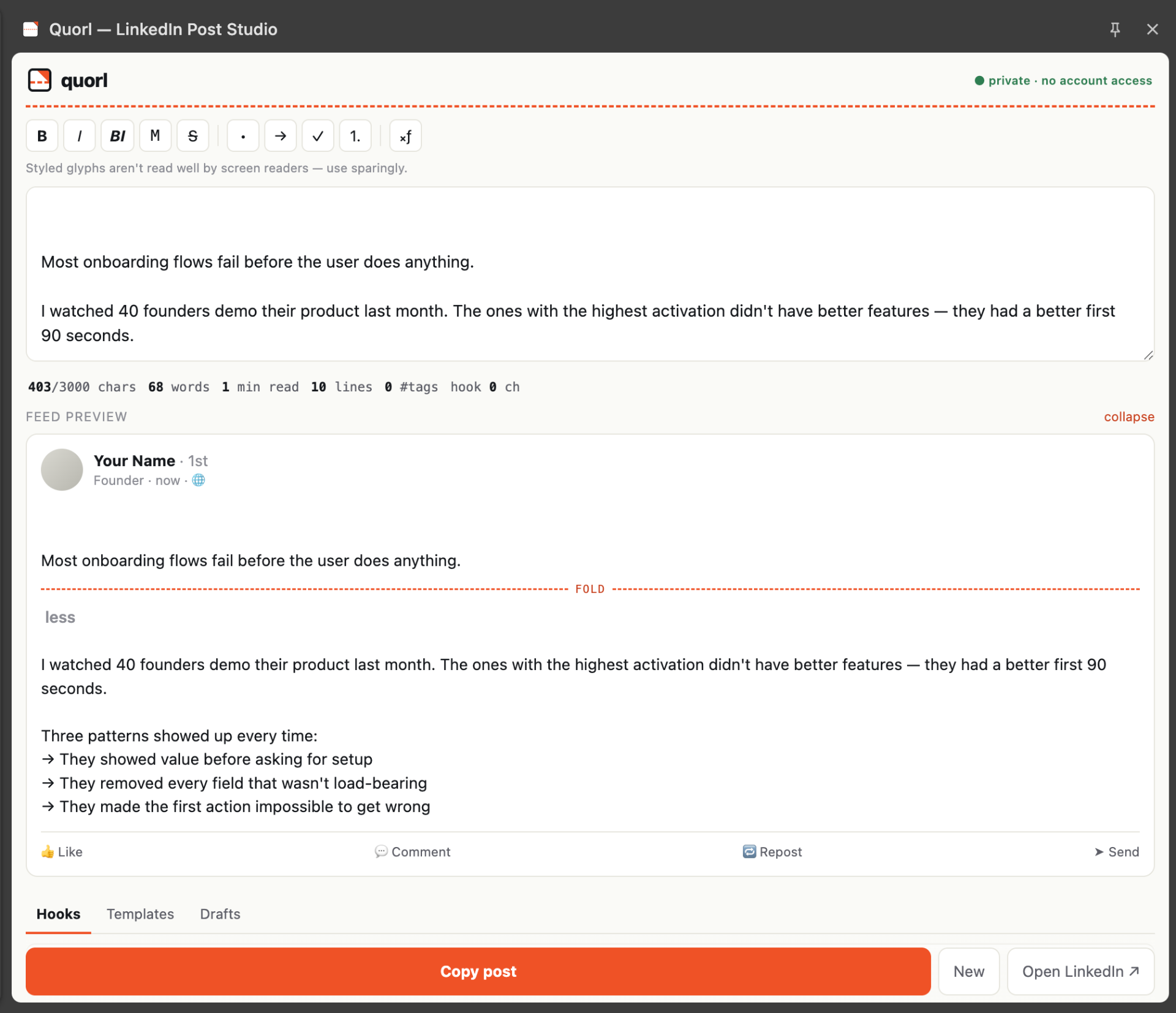 Quorl LinkedIn Post Studio interface showing the composer, feed preview with fold indicator, and hooks tab